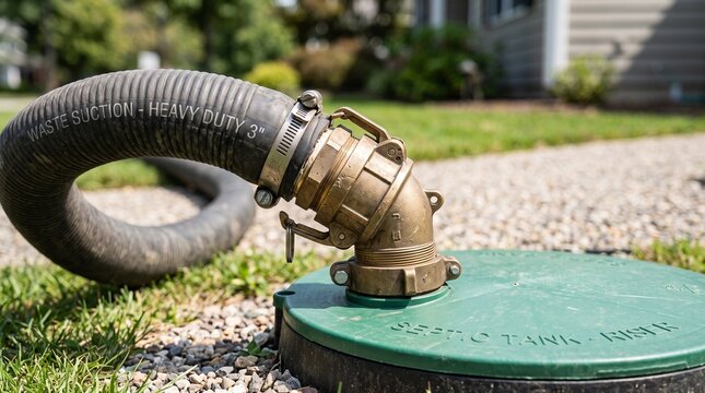 Heavy-duty waste suction hose connected to a residential septic tank riser for pumping