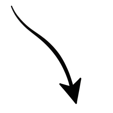 Black curved arrow pointing downwards and to the right on transparent background for direction.