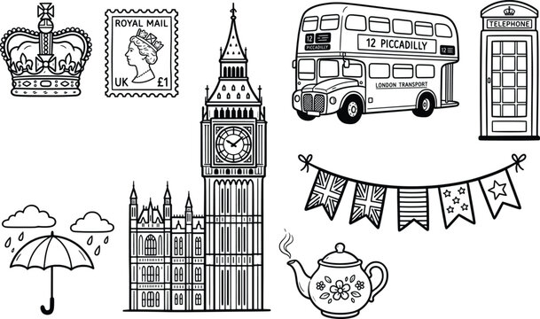 Set of london travel icons including big ben clock tower bus phone booth crown and tea pot sketch