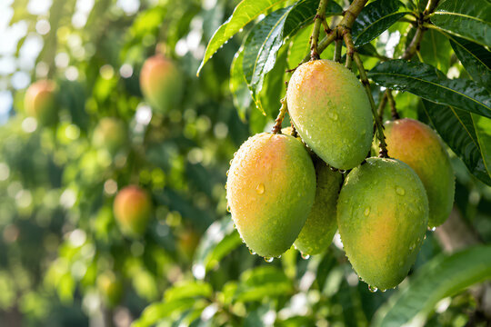 Fresh Ripe Mangoes Growing on Mango Tree in Tropical Orchard