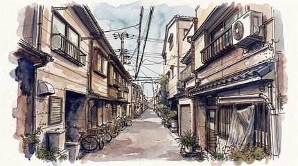 Fototapeta premium Watercolor illustration of a nostalgic narrow residential alleyway in Japan with old houses and power lines