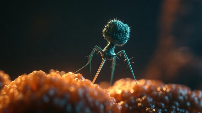 A bacteriophage virus attaches to a bacterial surface and injects genetic material in a dark microscopic environment.