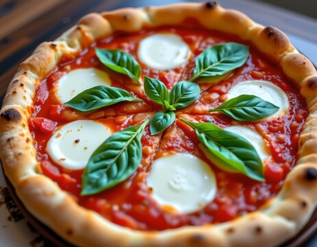 A pizza, its golden crust encircled by a ring of cheese and topped with fresh basil leaves. The pizza sits atop a wooden table, adding a rustic charm to the scene.