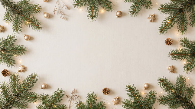 Christmas flat lay frame with green fir tree branches, golden ornaments, pine cones, and warm fairy lights on neutral background with copy space