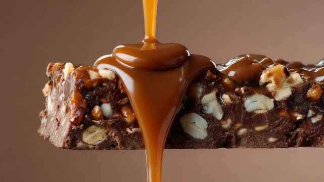 Close-up of chocolate nut bar with caramel drizzle for dessert or snack advertisement