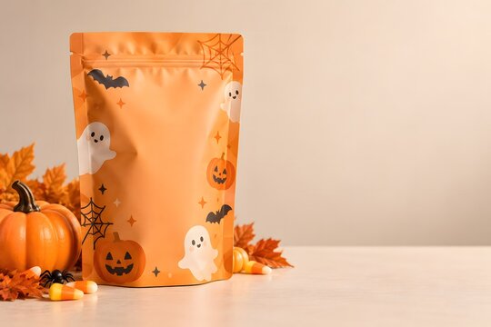 Halloween stand-up pouch with cute ghosts, pumpkins, bats and spiderwebs, festive orange packaging with space for custom branding.