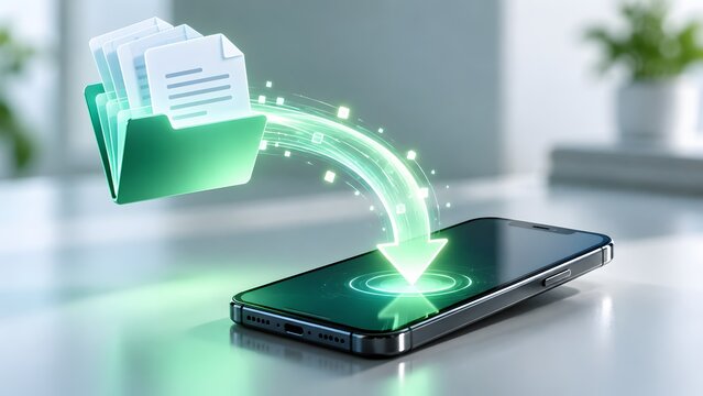 Glowing green digital document folder transferring into smartphone screen representing mobile file management and fast data download