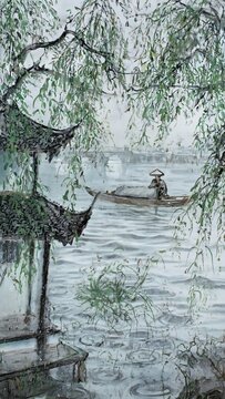 Chinese Ink Painting, Boat, Willow Trees, Misty Lake