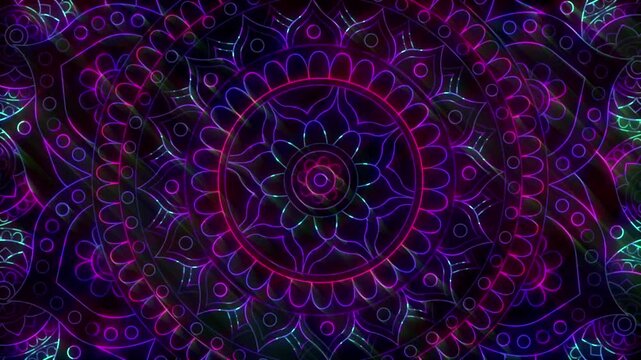 Neon mandala pattern with glowing purple and teal floral symmetry, animated pulsing light effect for digital background or VJ loop