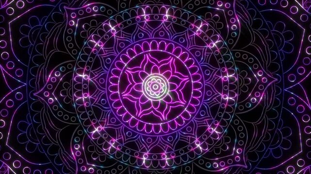 Glowing neon mandala pattern with pulsating floral symmetry on black background