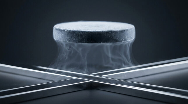 Quantum flux pinning superconductor levitating above magnetic track in pristine studio environment, frosty ceramic disk in high-end physics stock photo