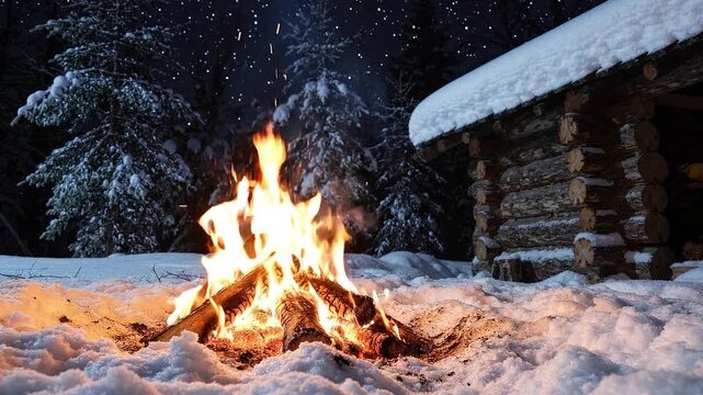 Cozy campfire glowing in winter snow next to a rustic wooden cabin under a starry night sky