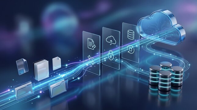 Automated data migration and file synchronization process from digital folders to cloud storage database illustrated with holographic flow lines in a high tech 3d render environment