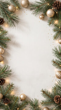 Christmas and New Year background frame with pine branches, golden baubles, pinecones, and copy space