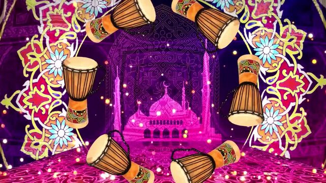 Oud lutes and djembe drums arranged symmetrically in vibrant Islamic geometric patterned stage with pink mosque silhouette backdrop