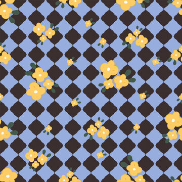 Seamless pattern with cute hand drawn yellow flowers on wavy diamond checkerboard light blue and dark brown background. Retro floral vector illustration for fabric print and wrapping paper design.
