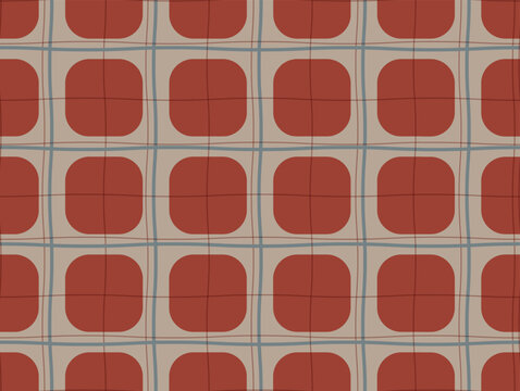 Seamless mid century modern pattern with terracotta red rounded squares and hand drawn grid lines on beige background. Abstract boho vector illustration for fabric textile print, wrapping paper design