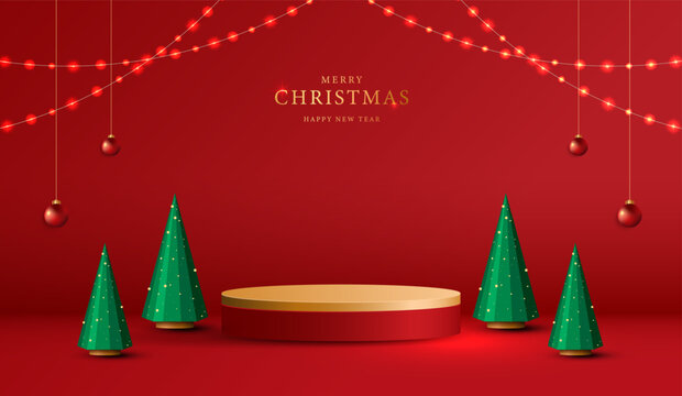 Merry Christmas and Happy New Year festive red background with 3D podium stand for product display, green pine trees, hanging baubles, glowing string lights. Holiday greeting vector illustration.