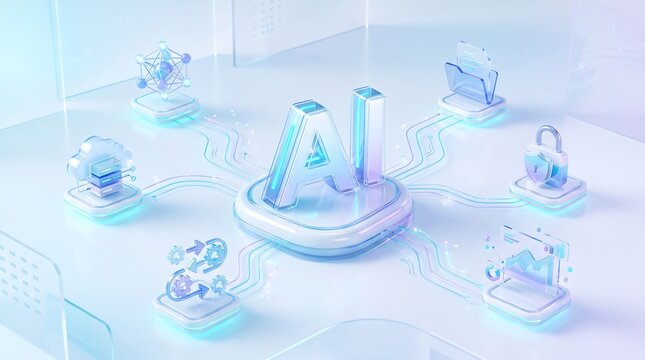 Artificial intelligence core processing unit connecting various digital service icons including cloud storage and data analytics in a bright futuristic isometric laboratory environment