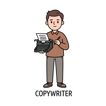 Professional copywriter holding vintage typewriter and notes vector illustration