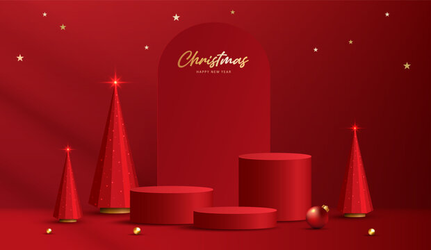 Merry Christmas and Happy New Year festive red 3D cylinder podium mockup for product display with red pine trees, arch, gold stars and bauble ornament. Minimal holiday vector illustration design.