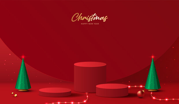 Merry Christmas and Happy New Year festive red 3D podium mockup for product display. Green pine trees, glowing string lights, bauble ornament on red background. Minimal holiday vector illustration.