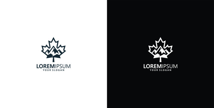 Modern minimalist logo design featuring a Canadian maple leaf integrated with mountain landscape and a book element