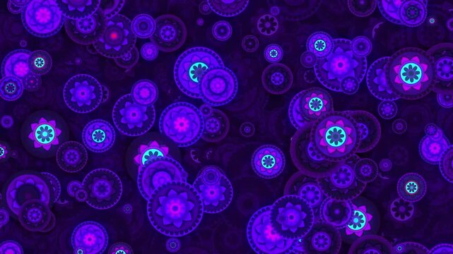 Animated purple and blue mandala pattern with glowing floral motifs in seamless loop
