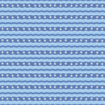 Seamless pattern with cute tiny white flowers on retro wavy horizontal light blue stripes. Vintage ditsy floral vector illustration for fabric textile print, wrapping paper, and spring wallpaper.