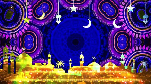 Animated Islamic cityscape with glowing domes, minarets, crescent moons, stars, and hanging lanterns against ornate mandala background