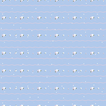 Seamless pattern with cute tiny white flowers and delicate pink wavy horizontal lines on pastel light blue background. Vintage ditsy floral vector illustration fabric textile print, wrapping paper.