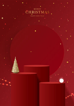 Merry Christmas and Happy New Year vertical red background with 3D cylinder podiums for product display. Golden cone pine tree, glowing string lights, stars vector illustration design mockup.