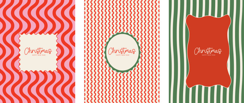 Merry Christmas and Happy New Year greeting card template set. Retro wavy stripes background with frame. Cute pink, red, green winter holiday vector illustration for banner, poster, invitation design.