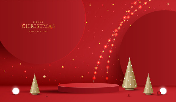 Merry Christmas and Happy New Year festive red background with 3D cylinder podium for product display. Glowing curved string lights, golden cone pine trees, stars vector illustration design mockup.