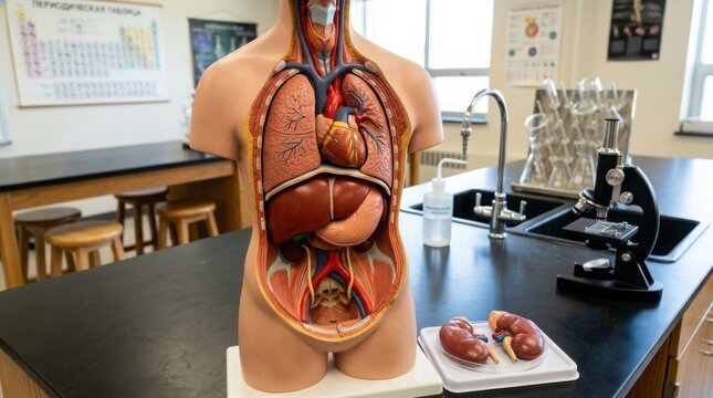 Human digestive system model in lab setting illustration