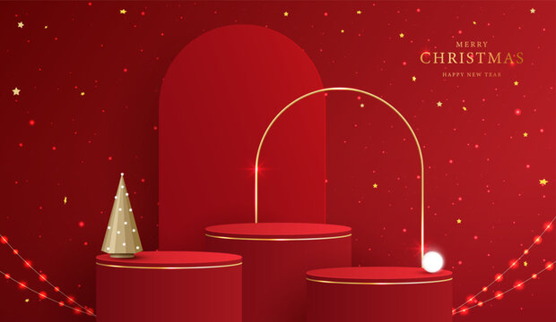 Merry Christmas and Happy New Year festive red 3D podium mockup for product display. Red arch backdrop, golden arch frame, cone pine tree, glowing string lights, stars vector illustration design.