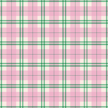 Seamless cute pastel pink and green plaid tartan pattern background. Sweet checkered geometric vector illustration for spring fabric textile print, girls clothing, wrapping paper, and retro wallpaper.