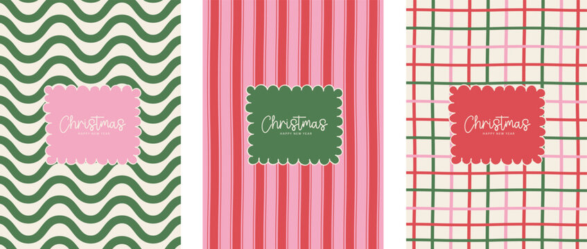 Merry Christmas and Happy New Year greeting card template set. Cute green wavy, red stripes, grid background with frame. Sweet winter holiday vector illustration for banner, poster, invitation design.