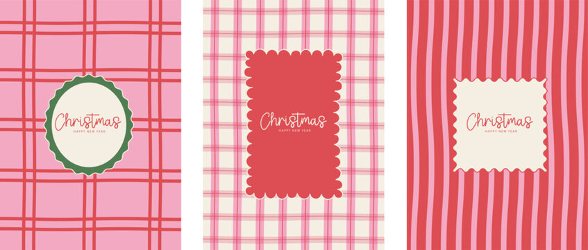 Merry Christmas and Happy New Year greeting card template. Cute pink and red plaid tartan, wavy-stripe background with frame. Sweet winter holiday vector illustration banner, poster, invitation design