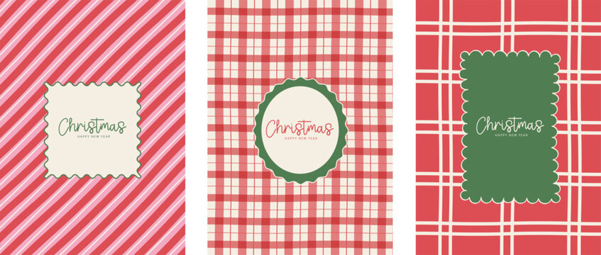 Merry Christmas and Happy New Year greeting card template. Cute red and pink diagonal stripes, plaid tartan background with frame. Sweet winter holiday vector illustration banner, poster, invitation.
