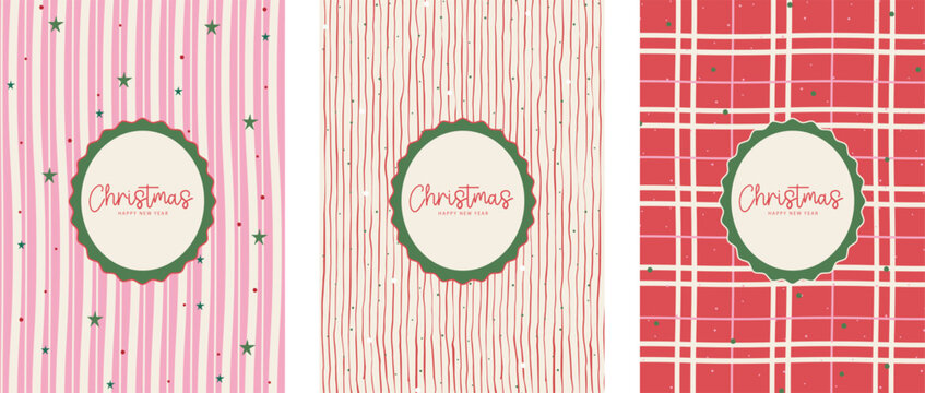 Merry Christmas and Happy New Year greeting card template set. Cute pink and red stripes, plaid tartan background with stars and frame. Sweet winter holiday vector illustration banner, poster design