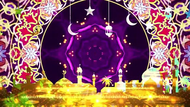 Animated Islamic decorative mandala with crescent moons, stars, lanterns, and mosque silhouettes against glowing purple and gold background