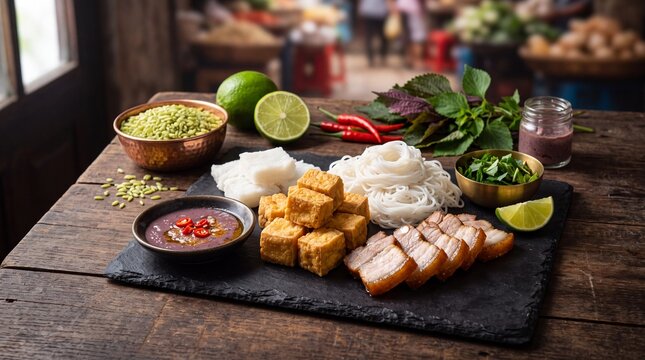 Traditional Vietnamese Bun Dau Mam Tom Ingredients, Rice Vermicelli, Fried Tofu, Pork Belly and Shrimp Paste Dipping Sauce with Herbs, Lime and Chili on a Slate Board at a Street Market