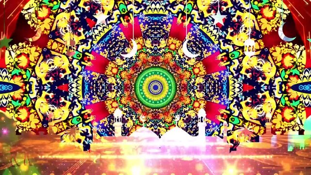 Vibrant Islamic geometric mandala with hanging crescent moons, stars, and lanterns over glowing mosque silhouettes, festive Ramadan or Eid celebration backdrop