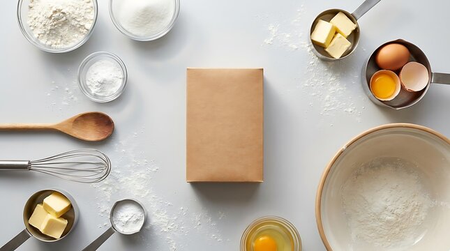 Blank brown food packaging box with baking ingredients like eggs flour and butter on a kitchen table. baking soda packaging 