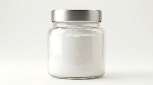 Clear glass jar with metal lid filled with white baking soda powder sitting on a clean surface area. baking soda packaging