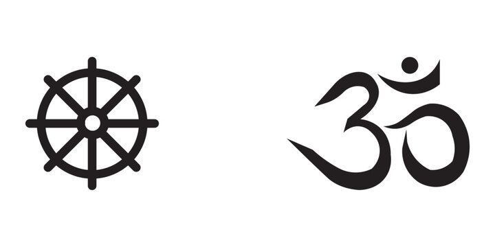 Black silhouette icons of buddhist dharmachakra wheel and hindu om symbol isolated on white background with buddhist sign