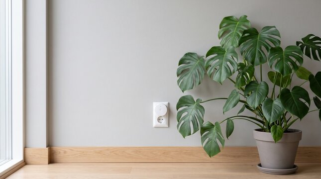 Potted monstera plant sitting on a wooden floor against a gray wall