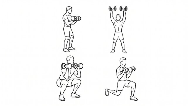 Set of line art illustrations showing a man performing various dumbbell exercises for fitness training.