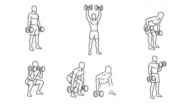 Set of line art illustrations showing a man performing various dumbbell exercises for fitness training.